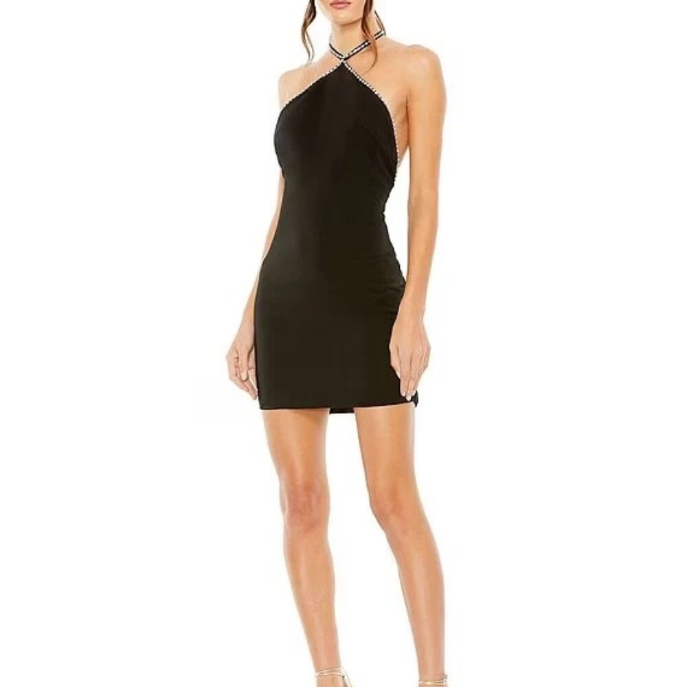 Mac Duggal LBD Rhinestone Low Back Halter Neck Black Mini Dress